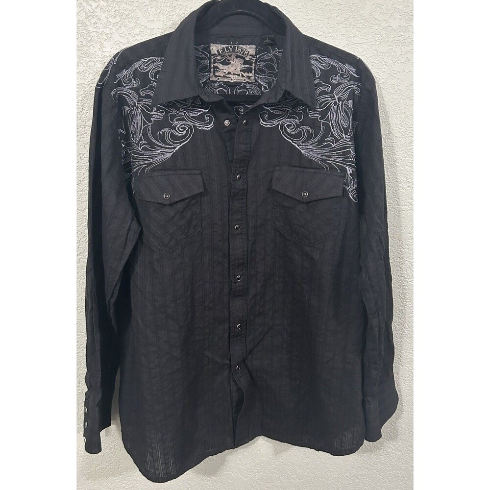 ELY 1878 Shirt Mens Large Black Embroidered Western Sawtooth Pearl Snap Rodeo